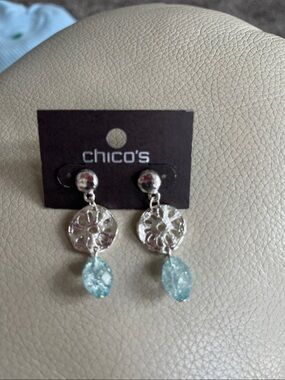 Chico's Silver Filigree Earrings with Aqua Drops!  New!  Pretty.